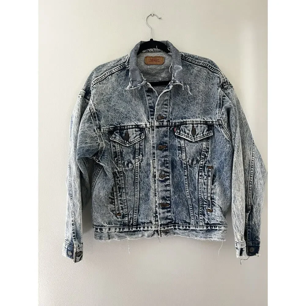 Vintage Levis Jacket Mens large Acid Wash Denim Trucker Made USA 70507 0219 80s - Picture 7 of 12